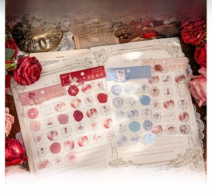 Detail of vintage 3D resin embossed rose stickers with gold foil and wax seal effect