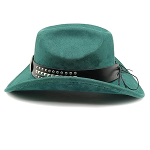 Detail of dark green suede cowboy hat featuring a black leather band with silver metal studs