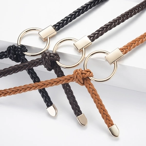 Minimalist Women Woven Skinny Waist Belt Synthetic Leather Alloy Circle Ring Buckle Thin Fashion Belt Dress Decoration