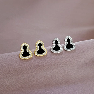Titanium steel gourd earrings with black enamel and zircons in gold and silver finish