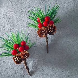 Christmas pine needle picks with red berries and pinecones for holiday wreaths