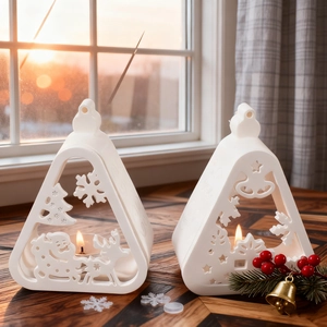 Triangle hollow ceramic Christmas candle holder set with reindeer and star patterns