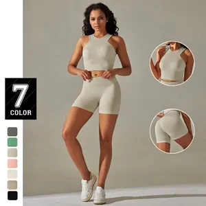 Women Seamless Ribbed Yoga Set Sport Top And Bottom High Waist Gym Shorts And Racerback Workout Bra Set