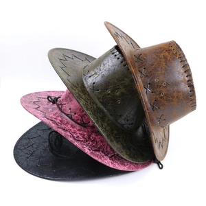 Western Cowboy Hat Distressed Crackle Faux Leather Wide Brim Sun Protection Adjustable Chin Strap Performance For Women