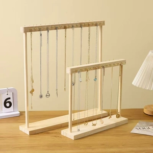 Dual-tier wooden necklace display stand with metal hooks for jewelry organization