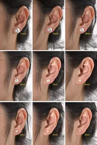 Size chart showing 3mm to 11mm natural freshwater pearl earrings worn on ears for scale