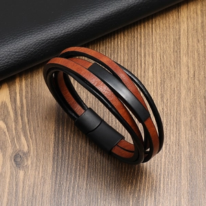 Multilayer braided leather bracelet in brown and black with black magnetic clasp