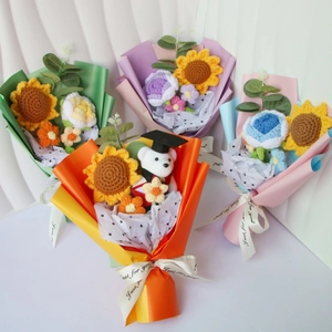 Handmade crochet sunflower bouquet with knitted bear for graduation gifts and celebrations