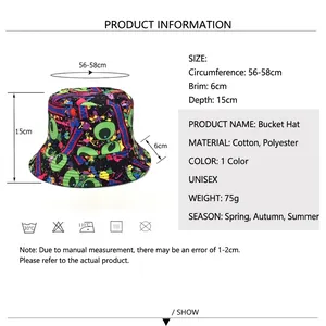 Unisex printed bucket hat with size chart showing dimensions for outdoor sun protection