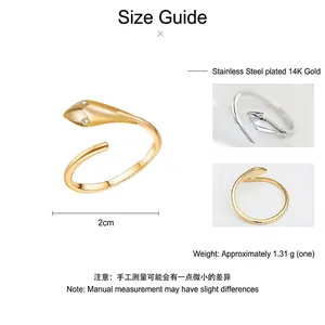 Adjustable snake ring in 14K gold plated stainless steel with zircon stone eyes