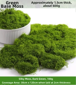 Detail of dark green synthetic moss turf showing 1.5-2cm thickness for landscape decor