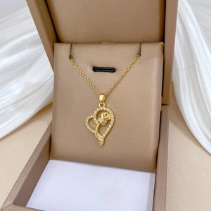 Luxury gold titanium steel heart pendant necklace with rose design and sparkling crystals
