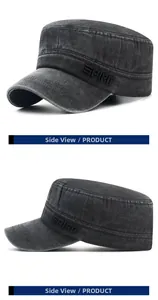 Detail view of washed denim flat top cap featuring SPIRIT 3D embroidery and vintage texture