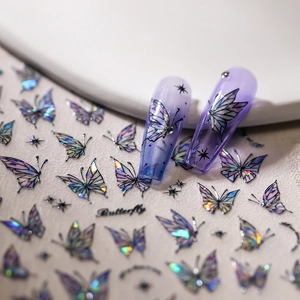 Adesivi per unghie olografici a farfalla con finitura laser viola e blu elegante