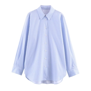 Women Long Sleeve Gingham Plaid Blouse Shirt Turn-down Collar Casual Polyester Top Light Blue White