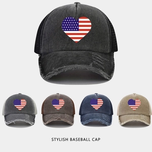 Distressed Trucker Hat Washed Cotton Mesh Heart American Flag Print Torn Brim Retro Breathable Unisex Baseball Cap