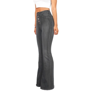 Side view of grey high waisted flare jeans with multi-button closure on denim fabric