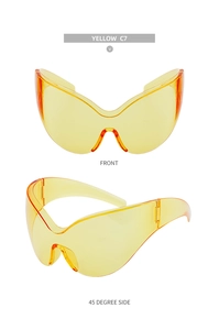 Front and side view of yellow oversized sporty wraparound sunglasses in Y2K style