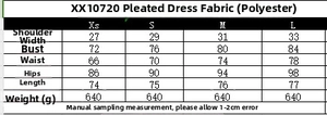 Detailed size chart for the ruffle bodycon dress showing XS to L measurements in centimeters