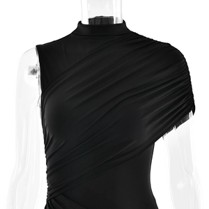 Detail of high neck black sleeveless dress with asymmetric ruched pleated fabric texture