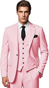 Detail of pink three-piece slim fit suit featuring a single-breasted jacket and vest