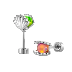 Titanium steel shell stud earrings with green and iridescent pink bead accents