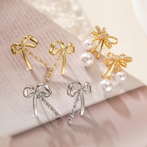 Bowknot Artificial Pearl Stud Earrings For Women Brass Gold Silver Plated Zircon Inlaid Elegant Sweet Jewelry