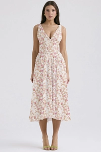 Close-up of floral print fabric on a V-neck slim-fit summer midi dress for women