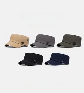 Flat top military style cotton caps in five colors with side embroidery and labels