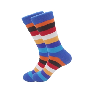 Detail shot of men's athletic crew socks featuring colorful stripes and knit texture
