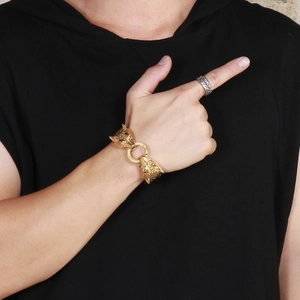 Men's punk braided leather bracelet with golden stainless steel double wolf heads and ring