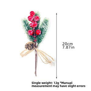Detail of 20cm artificial pine needle branch with frosted red berries and twine bow