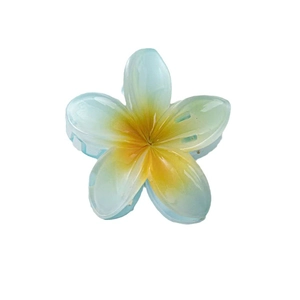 Blue and yellow gradient plumeria flower hair claw clip with a glossy resin finish