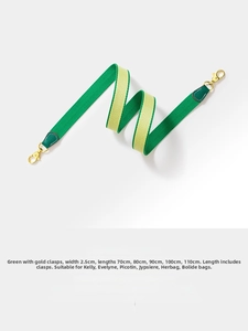 Detail of 2.5cm green and beige canvas shoulder strap with golden metal lobster clasps