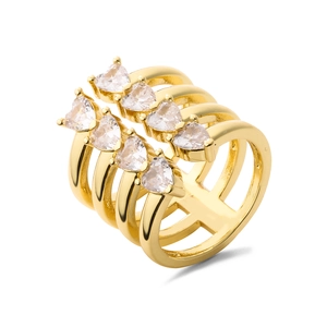 Golden multi-layer open ring with heart-cut cubic zirconia in 18K gold plated finish