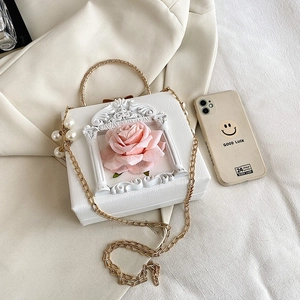 Retro baroque style white leather handbag with 3D pink rose and gold chain strap