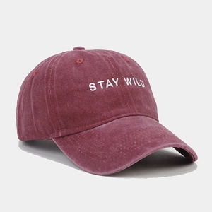 Detailed close-up of white STAY WILD embroidery on a vintage washed red cotton baseball cap