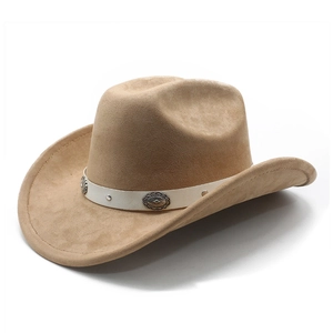 Unisex Western Cowboy Hat Suede Large Brim Sun Protection Prairie Style With Leather Band Metal Concho