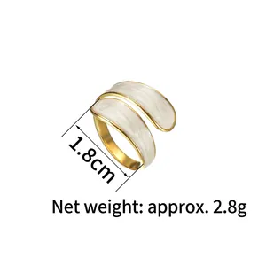 Minimalist gold stainless steel open ring with white marble enamel inlay 1.8cm 2.8g