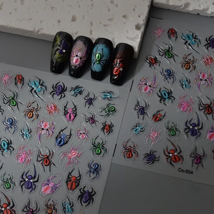 5D Embossed Spider Nail Art Stickers Halloween Dark Style Colorful Metallic Hot Stamping Insect Pattern Waterproof Self-Adhesive Decals For Women