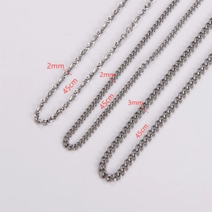 Minimalist silver steel chain necklaces in 2mm and 3mm thickness on white background