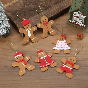 Set of 6 cartoon gingerbread man felt ornaments on rustic wood background for Christmas