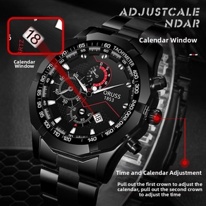 Détail de la montre à quartz montrant le guichet de calendrier et le réglage de l'heure