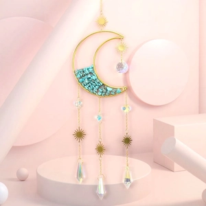 Detailed moon sun catcher with turquoise stones and aurora crystal star pendants