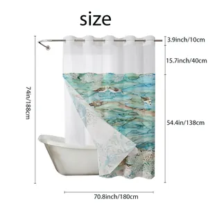 Detailed size chart for the double-layer ocean shower curtain showing height and width