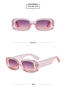 Detail view of square candy-colored sunglasses with pink gradient lenses and side profile