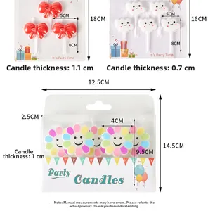 Detailed size comparison of bow, cloud, and sunflower cartoon party candles dimensions