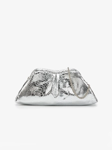 Silver metallic snakeskin clutch bag with cloud frame and thin metal chain strap