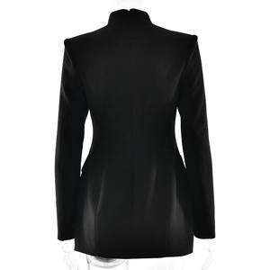 Back view of a slim-fit black blazer dress with a high collar and cinched waistline