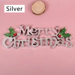Silver Merry Christmas hanging sign decoration with green holly and red berry accents
